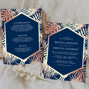 Invitation Rose Gold Navy Tropical Palm Tout en Un Mariage