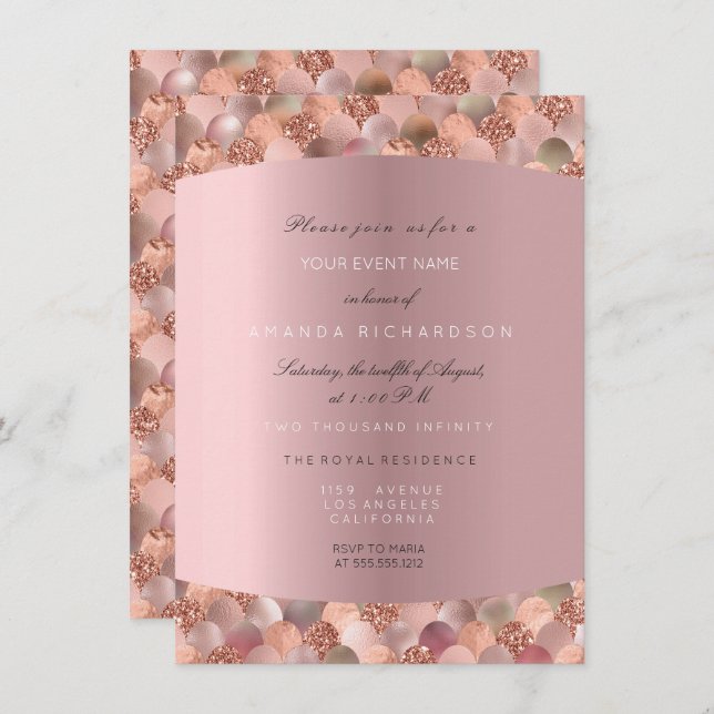 Invitation Rose Gold Noir Blanc Écailles de Sirène Blush Mari (Devant / Derrière)