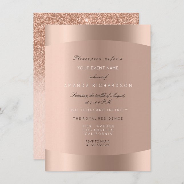 Invitation Rose Gold Noir Blanc Minimal Glitter Ombre (Devant / Derrière)