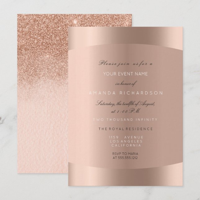 Invitation Rose Gold Noir Blanc Minimal Ombré Pailleté (Devant / Derrière)