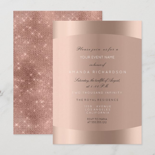 Invitation Rose Gold Noir Blanc Minimal Paillement Pailleté (Devant / Derrière)