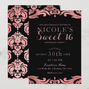 Invitation Rose Gold Noir Damas Élégant Chic Douce Fête 16