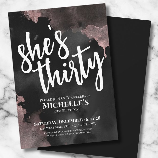 Invitation Rose Gold Noir Élégant Anniversaire (Fun Girly Watercolor Black Rose Gold 30th Birthday Invitation)