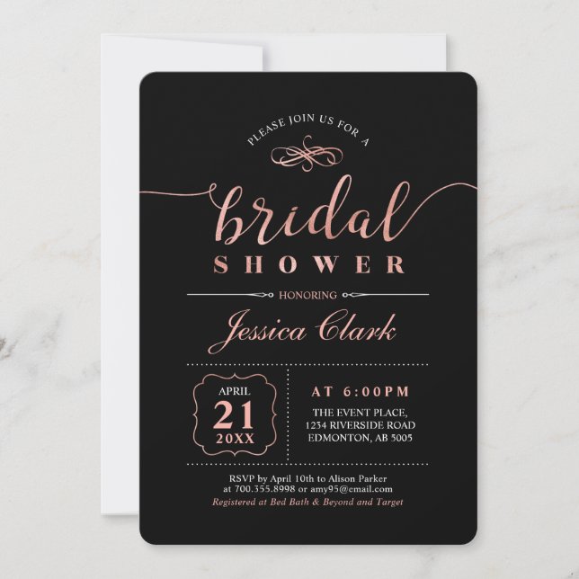 Invitation Rose Gold & Noir | Élégant Mariage Enterrement de  (Devant)