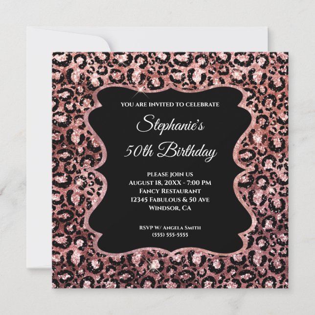 Invitation Rose Gold Noir Pailleté Léopard Brillant 50e Anniv (Devant)