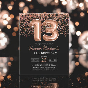 Invitation Rose Gold Noir pour 13e Anniversaire à 