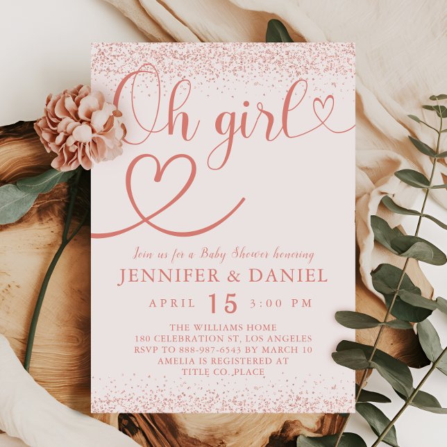 Invitation Rose Gold Oh Girl Blush Confetti Script (Créateur téléchargé)