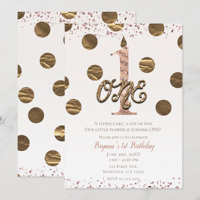 Invitation Rose Gold ONE 1er Anniversaire Bronze Polka Dots (Devant / Derrière)