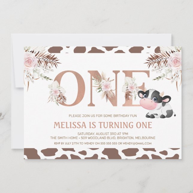 Invitation Rose Gold One Floral Vache 1er Anniversaire (Devant)