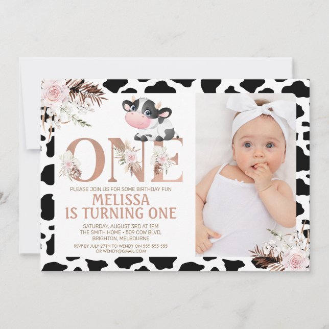 Invitation Rose Gold One Photo Floral Cow 1er anniversaire (Devant)