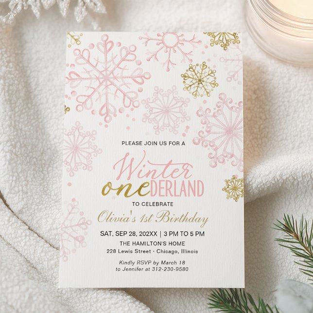 Invitation Rose Gold Onederland 1er Anniversaire Flocon de ne (Créateur téléchargé)