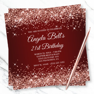 Invitation Rose Gold Pailleté Anniversaire 21 Ans Rouge Foncé