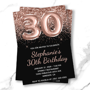 Invitation Rose Gold Pailleté Anniversaire 30 Ans Noir