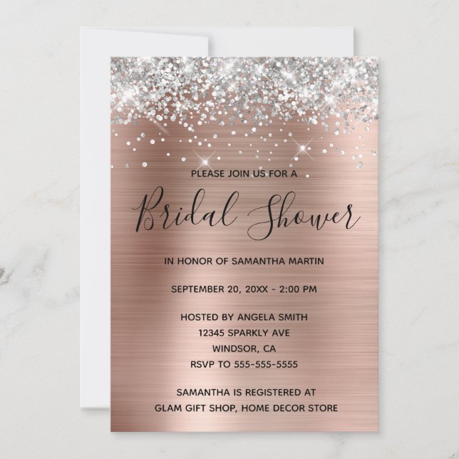 Invitation Rose Gold Pailleté Argent Mariage Fête (Devant)