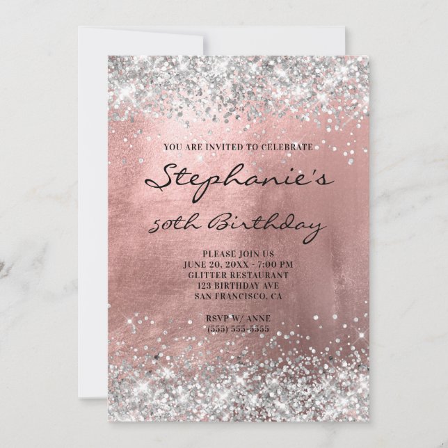 Invitation Rose Gold Pailleté Argent Monogramme Anniversaire (Devant)