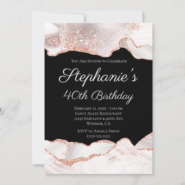 Invitation Rose Gold Pailleté Blanc Agate 40e Anniversaire No (Devant)
