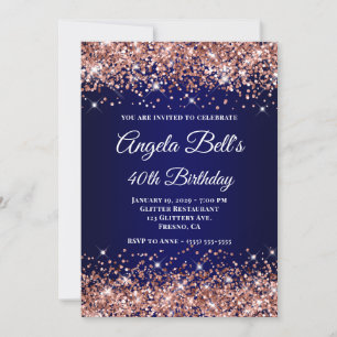 Invitation Rose Gold Pailleté Bleu Nuit Monogramme 40e Annive