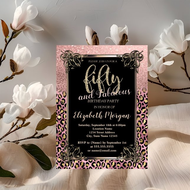 Invitation Rose Gold Pailleté Bordure Léopard 50e Anniversair (Créateur téléchargé)