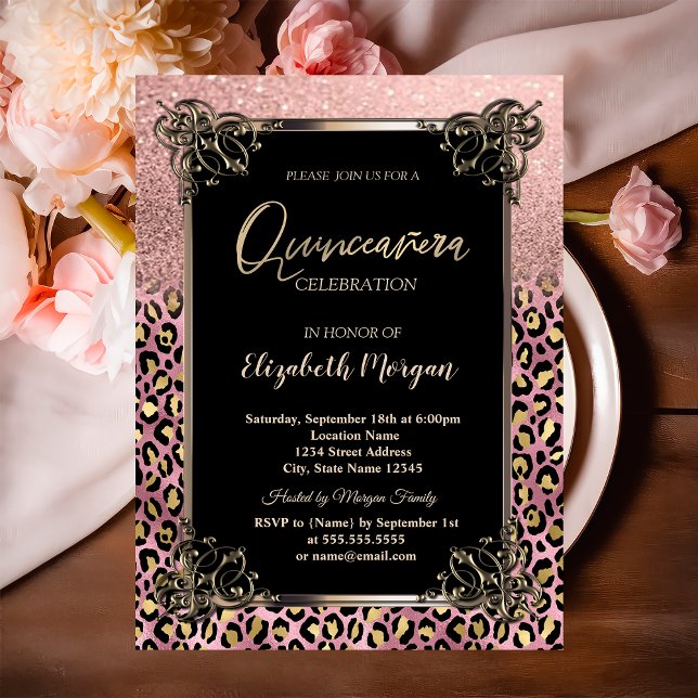 Invitation Rose Gold Pailleté Bordure Léopard Quinceañera (Créateur téléchargé)