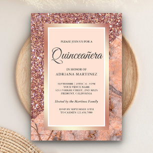 Invitation Rose Gold Pailleté Corail Rose Marbre Quinceanera
