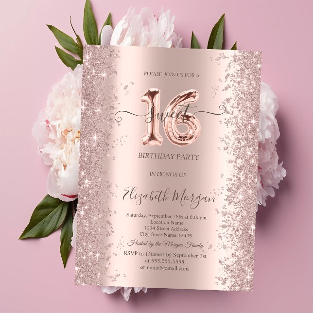 Invitation Rose Gold Pailleté Diamants Douce 16 (Créateur téléchargé)