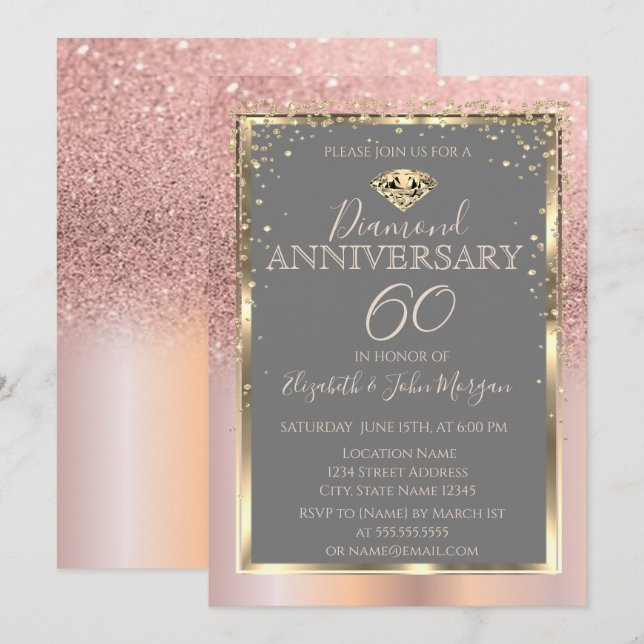 Invitation Rose Gold Pailleté Diamants Mariage Anniversaire (Devant / Derrière)