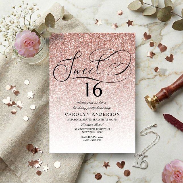 Invitation Rose Gold Pailleté Élégant Script Anniversaire Swe (Créateur téléchargé)