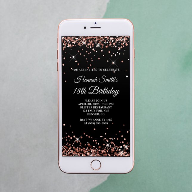 Invitation Rose Gold Pailleté et 18e Anniversaire Noir (Créateur téléchargé)