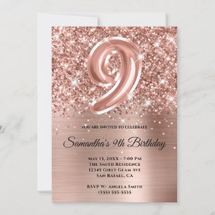 Invitation Rose Gold Pailleté et Brillante Fête de 9 ans Glam
