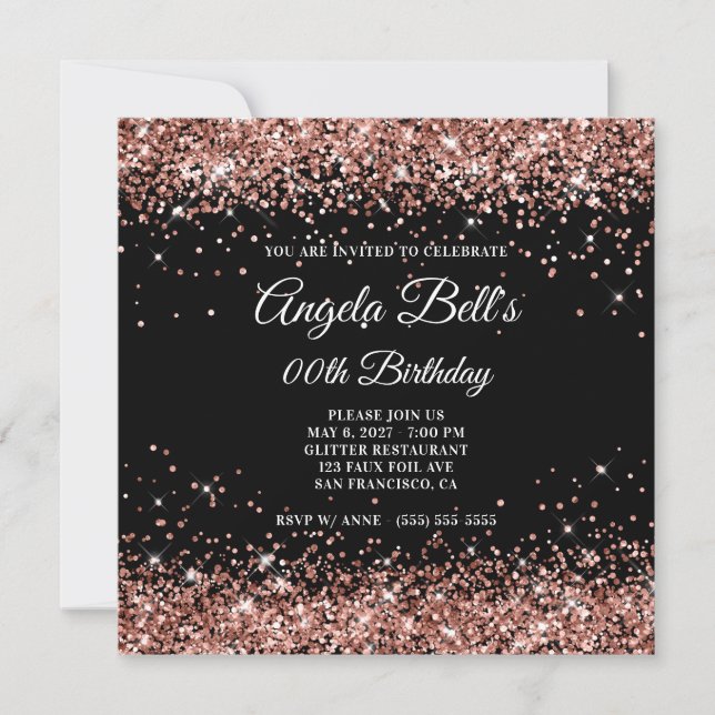 Invitation Rose Gold Pailleté et Noir Anniversaire (Devant)