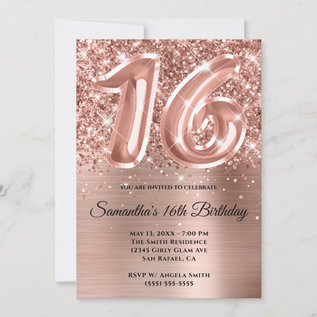 Invitation Rose Gold Pailleté Étincelant 16e Anniversaire Gla (Devant)