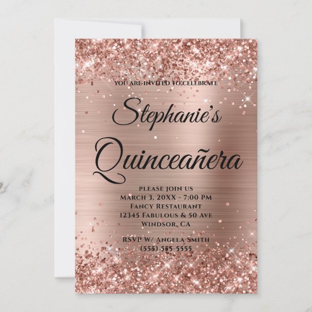 Invitation Rose Gold Pailleté Feuille Fancy Monogram Quinceañ (Devant)
