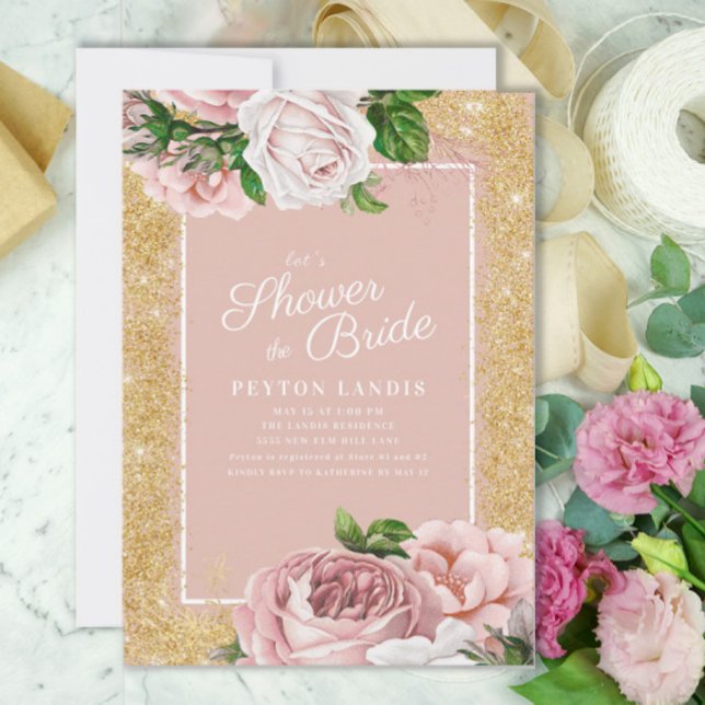 Invitation Rose Gold Pailleté Fleurs Roses Mariage (Pink vintage roses and gold glitter "Shower the Bride" custom bridal shower invitation)
