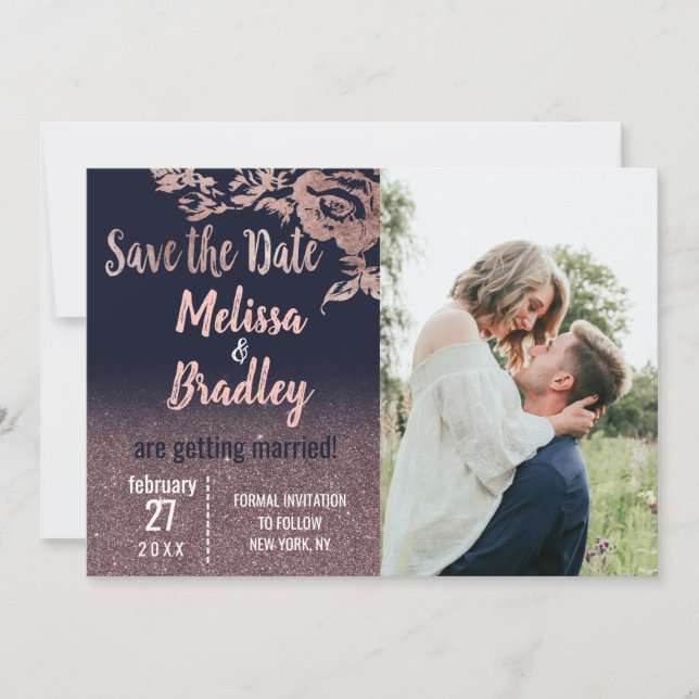 Invitation Rose Gold Pailleté Floral Bleu Marine Save the Dat (Devant)