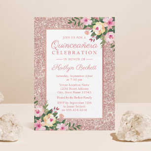 Invitation Rose Gold Pailleté Floral Quinceañera 15e Annivers