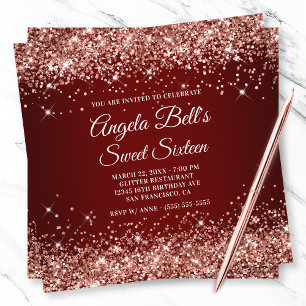 Invitation Rose Gold Pailleté Glitter Rouge Foncé Sweet Seize