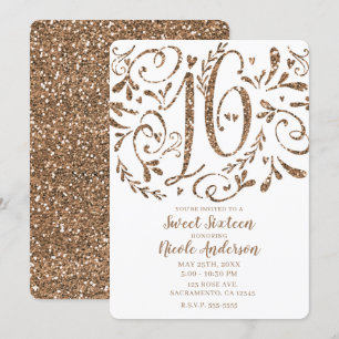Invitation Rose Gold Pailleté Lettres Fantaisistes Douce 16