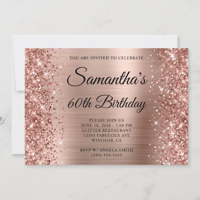 Invitation Rose Gold Pailleté Monogramme 60e Anniversaire (Devant)