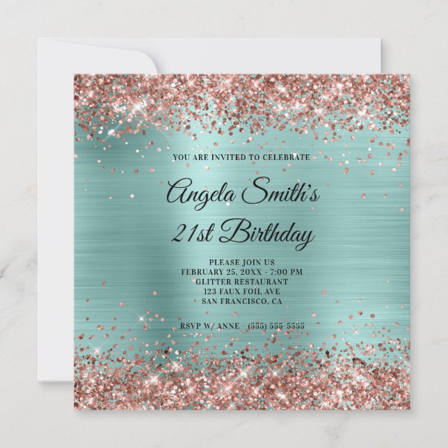 Invitation Rose Gold Pailleté Monogramme Turquoise Clair (Devant)