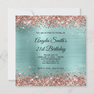 Invitation Rose Gold Pailleté Monogramme Turquoise Clair