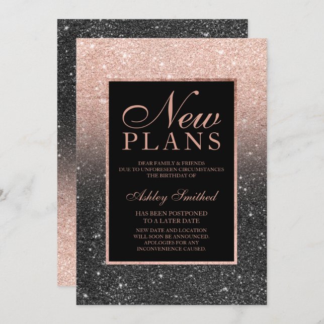 Invitation Rose gold pailleté noir élégant chic nouveaux plan (Devant / Derrière)
