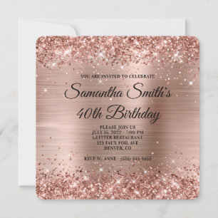 Invitation Rose Gold Pailleté Ombré Feuille 40e Anniversaire