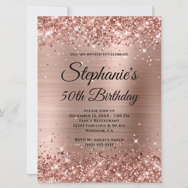 Invitation Rose Gold Pailleté Papier Métallisé Fancy Monogram (Devant)