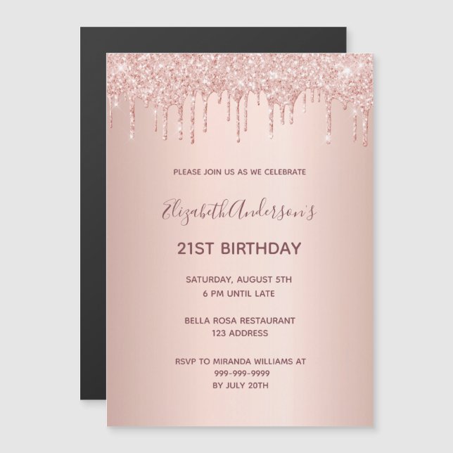 Invitation rose gold pailleté pour 21 ans (Devant / Derrière)