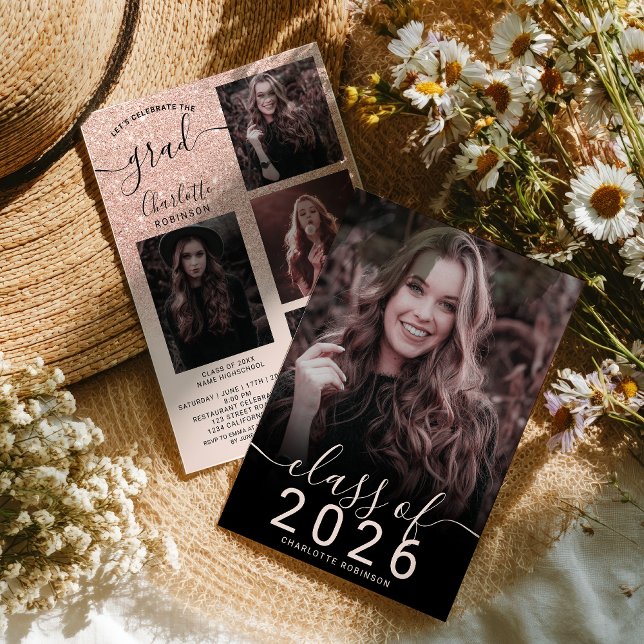 Invitation Rose gold pailleté rose ombre 5 photos remise de d (Rose gold glitter pink ombre 5 photos graduation invitation)