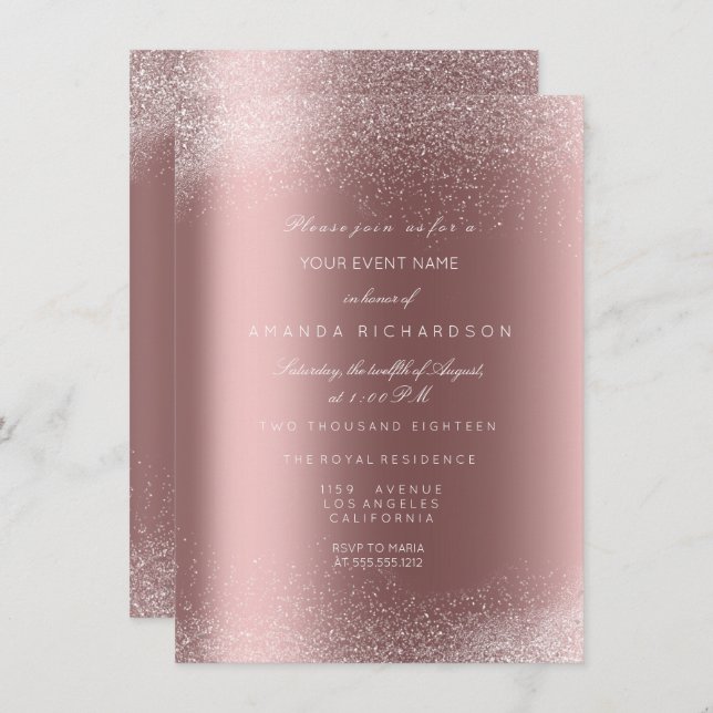 Invitation Rose Gold Pailleté Sable de Mariage Anniversaire (Devant / Derrière)