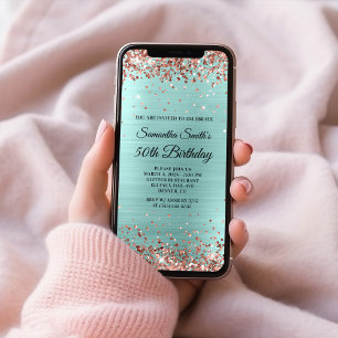 Invitation Rose Gold Pailleté Turquoise Clair 50e Anniversair