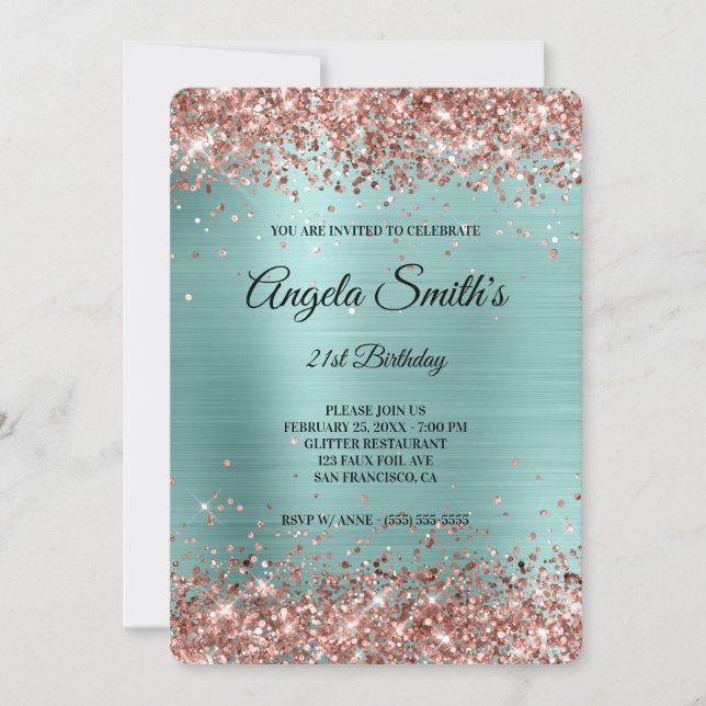 Invitation Rose Gold Pailleté Turquoise Feuille Fancy Monogra (Devant)