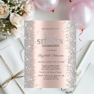 Invitation Rose Gold Pailletés Confetti Argent  Sweet 16 
