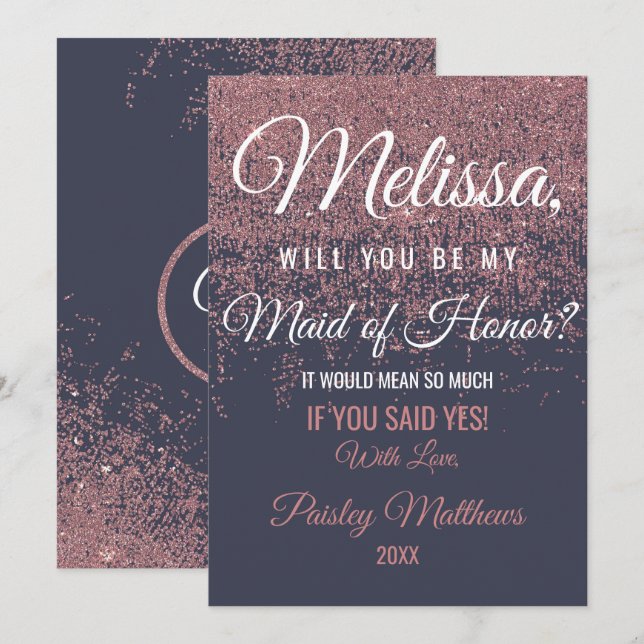 Invitation Rose Gold Paillettes Étincelles Bleu Marine Demois (Devant / Derrière)